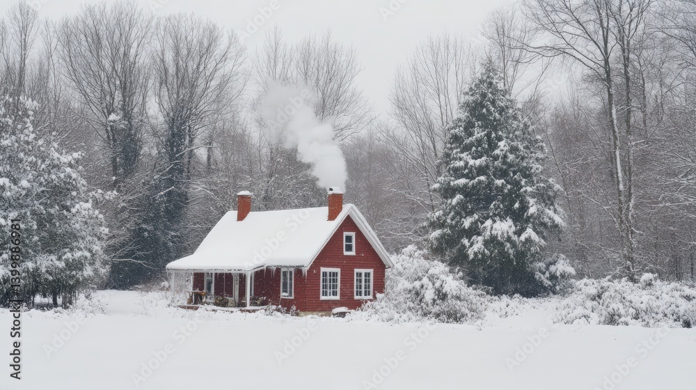 A red house amid snowy trees with smoke billowing upwards