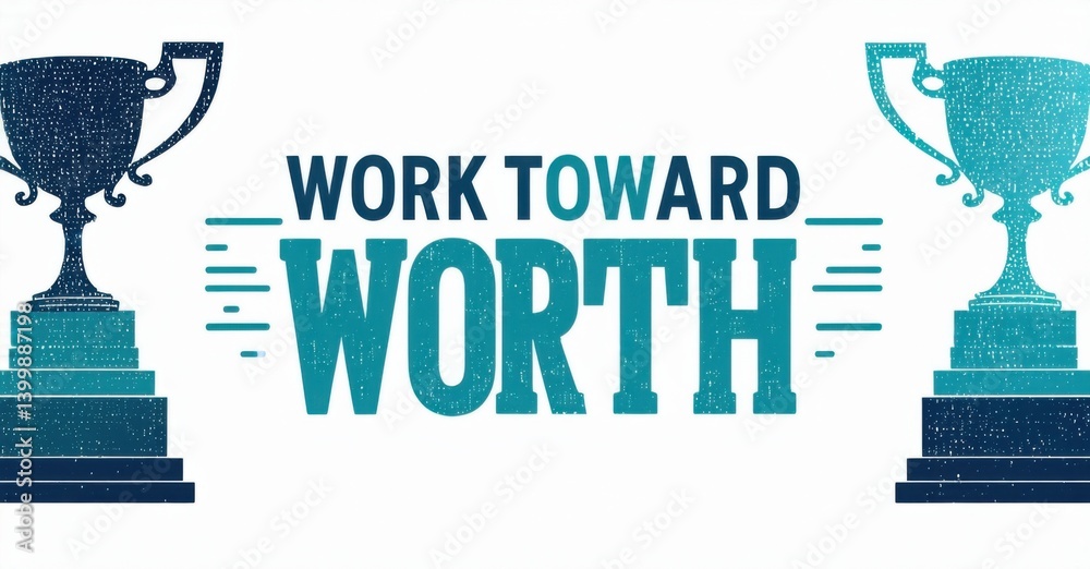 Naklejka premium Image displays two trophies flanking text reading Work Toward Worth. Blue tones dominate design, suggesting success, achievement, motivation. Simple, impactful visual message.