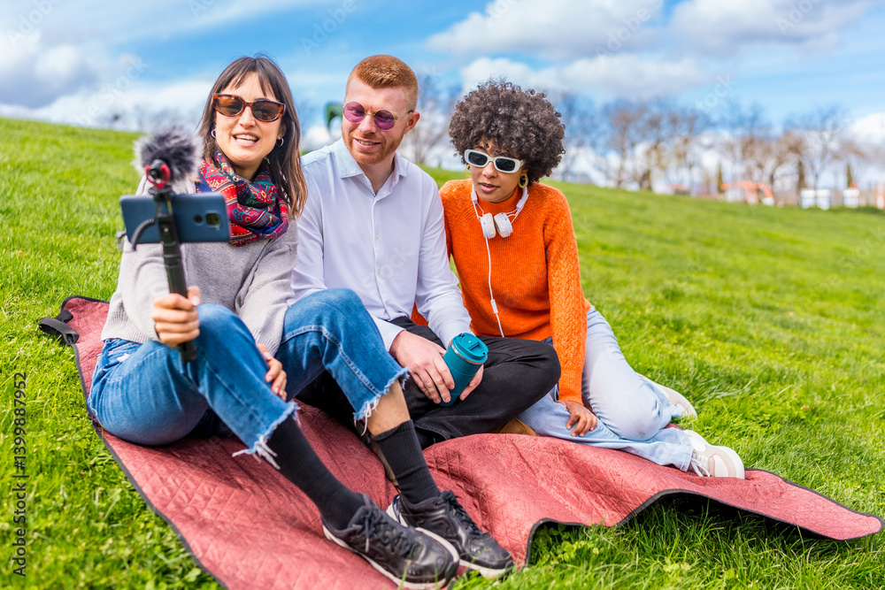 Content creators filming a video blog outdoors using a smartphone and microphone