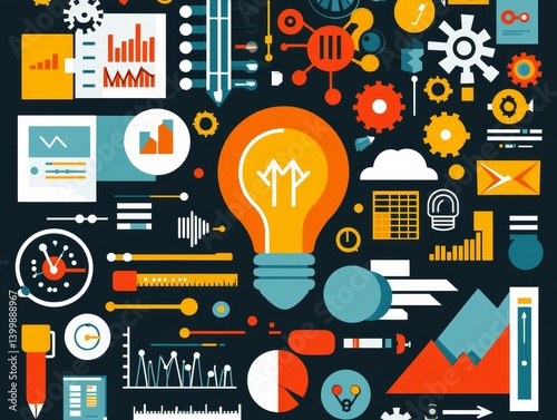 Bright idea concept. Innovative graphics with gears, data, and charts elements