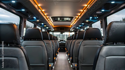 Modular Bus concept Interior of a modern bus showcasing rows of comfortable black seats and ambient lighting.