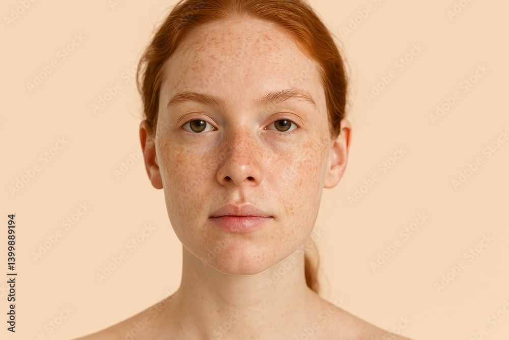 Fototapeta premium Close-up portrait of young woman with red hair and freckles looking at camera against beige background