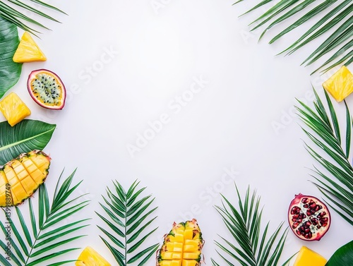 Tropical fruit assortment with green leaves, isolated on white background