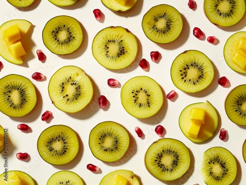 A vibrant pattern of golden kiwi, mango cubes, and red pomegranate seeds scattered on a white background