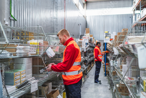 Warehouse workers are checking and organizing goods, ensuring efficient inventory management and logistics within a distribution center