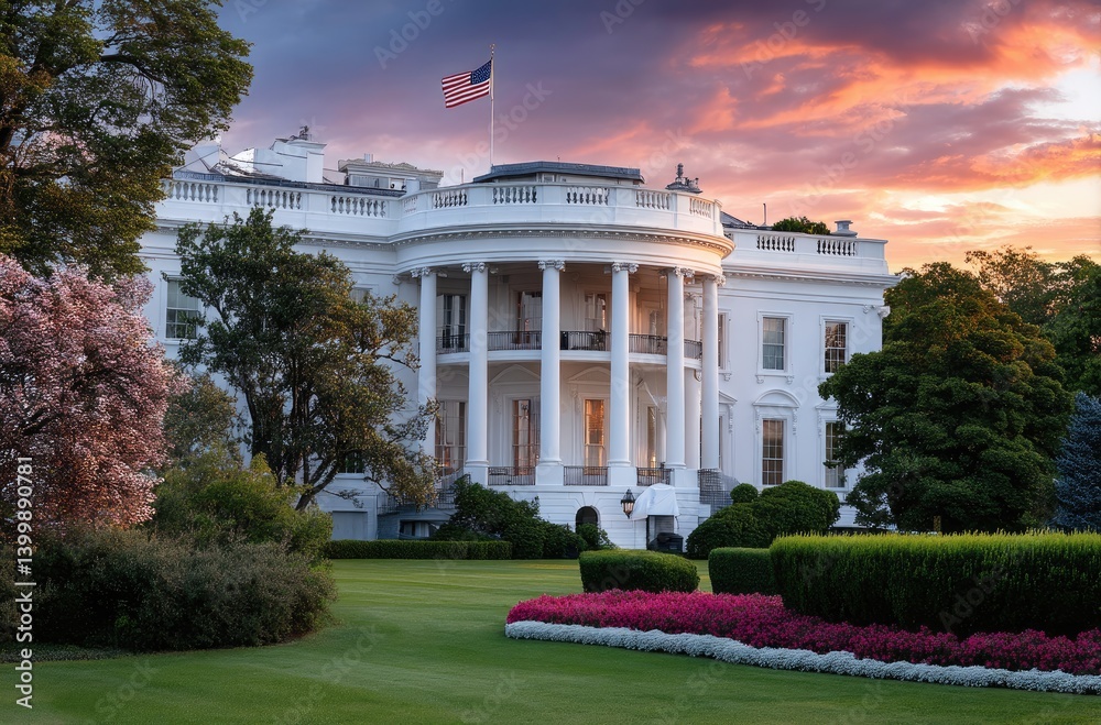 Naklejka premium The White House in Washington, D.C., USA, with the American flag flying on top of it at sunset