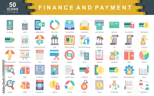 The Finance and Payment icon set defines key drivers of financial management such as security, accounting, and investment, ideal for budgeting, fintech solutions, and payment systems.