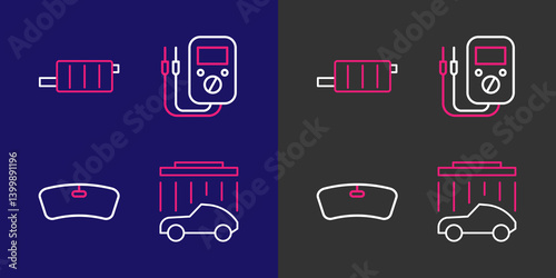 Set line Car wash, Windshield, Multimeter and muffler icon. Vector