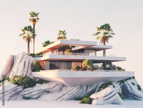 Modern home built on a rock formation, lush greenery, palm trees, sunny day, luxury