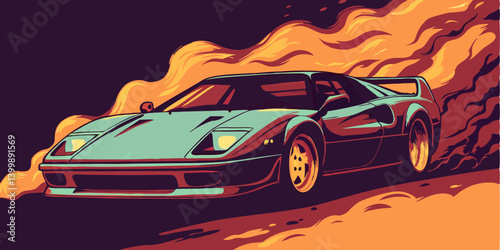 Fast Sports Car Burning Rubber, Illustration