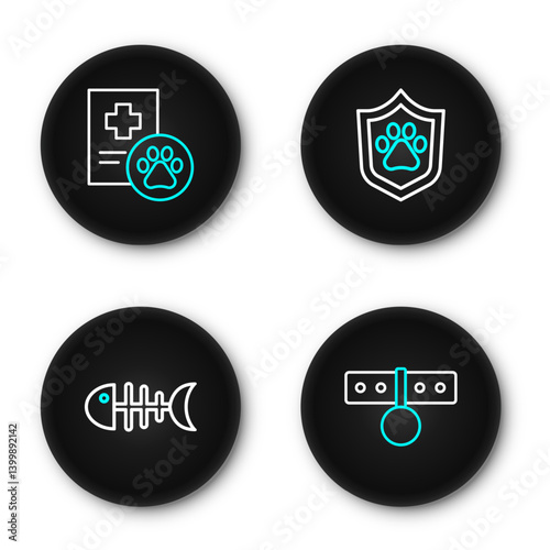 Set line Collar with name tag, Fish skeleton, Animal health insurance and Clinical record pet icon. Vector