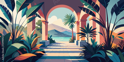 Serene Mediterranean Archway Overlooking Lush Tropical Landscape and Tranquil Sea
