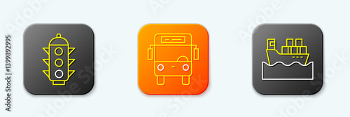 Set line Traffic light, Bus and Cargo ship with boxes icon. Vector
