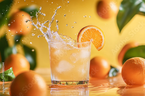 Refreshing citrus drink splashing in a vibrant setting with oranges