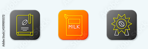 Set line Coffee book, Paper package for milk and Medal coffee icon. Vector