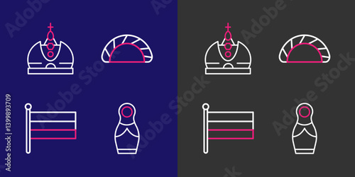 Set line Russian doll matryoshka, National flag, Dumpling and King crown icon. Vector