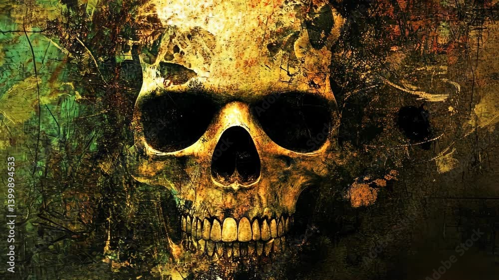 Dark and atmospheric skull illustration with intricate textures and colors in an artistic setting