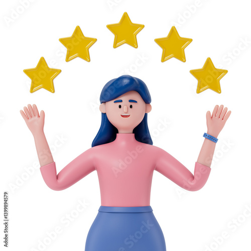 woman surrounded by stars, symbolizing excellent service or high-quality performance. 3D rendering, conceptual image. Isolated on white background.
