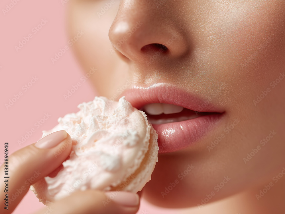 Beautiful model's lips on pink background biting a macaron.