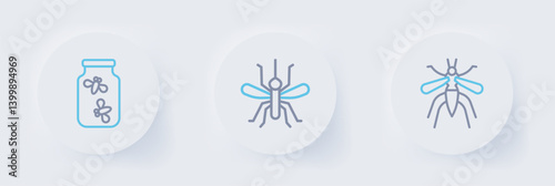 Set line Mosquito, and Fireflies bugs in a jar icon. Vector