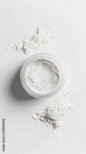 Minimalist studio shot of white powder in clear jar on white background for beauty or pharmaceutical product