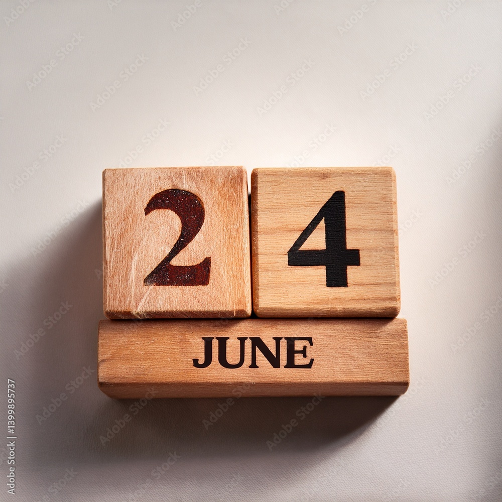 Minimalist photo of wooden blocks with date 24 June. Day and month, calendar on white background Minimalist photo of wooden blocks with date 24 June. Day and month, calendar on white background