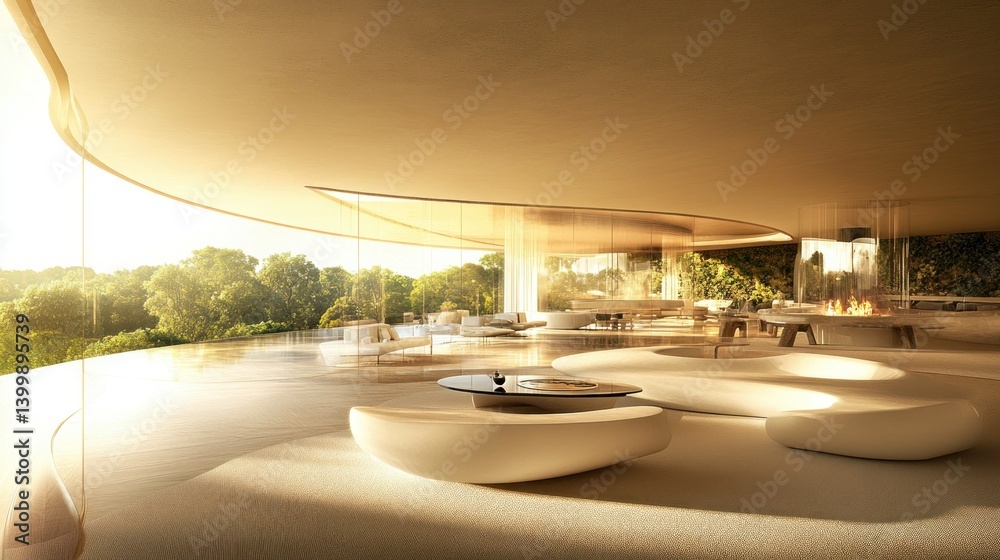 Fototapeta premium A luxurious modern interior with expansive windows and scenic views