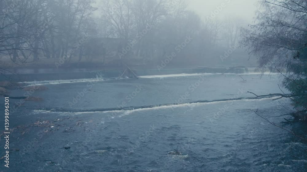 custom made wallpaper toronto digitalFoggy river with dam and bare trees on a cold winter morning
