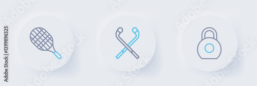 Photography Set line Kettlebell, Ice hockey sticks and Tennis racket icon