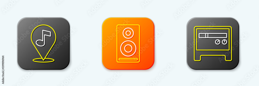 Set line Location musical note, Stereo speaker and Guitar amplifier icon. Vector Set line Location musical note, Stereo speaker and Guitar amplifier icon. Vector