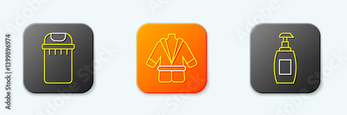 Set line Trash can, Bathrobe and Bottle of liquid soap icon. Vector