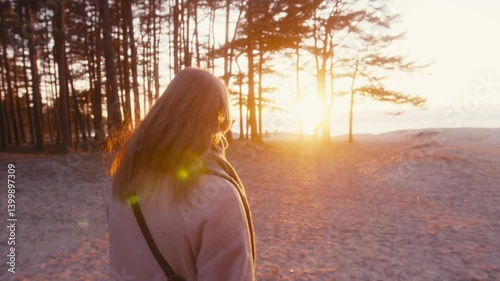 Wallpaper Mural Woman Walking Toward Sunset Through Pine Forest by the Beach Torontodigital.ca