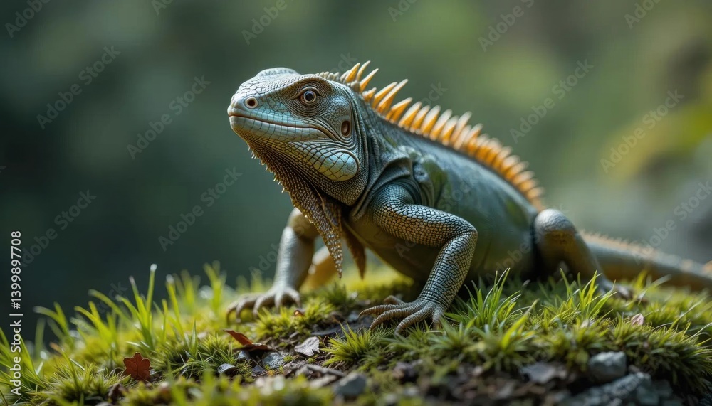 Fototapeta premium Green Iguana on Mossy Log, Sunlit Forest Background