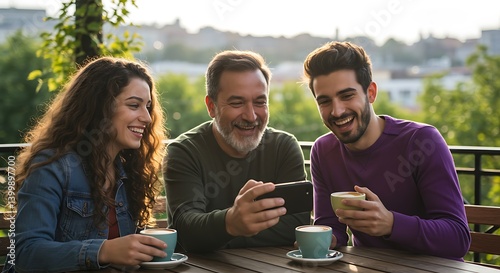 Family Sharing a Laugh Over Coffee on a Sunny Terrace AI Generated