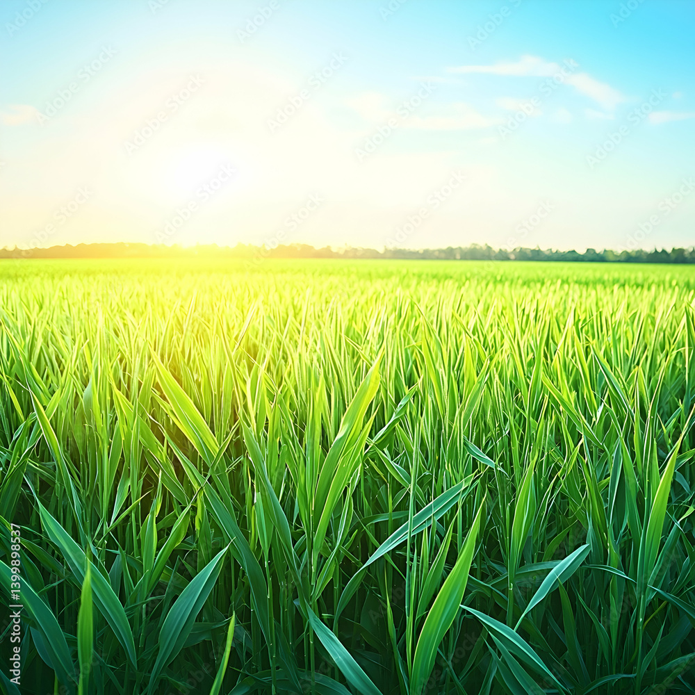 Obraz premium Lush green field at sunrise, peaceful landscape, agriculture, farming, natural beauty, ideal for agricultural websites or nature documentaries