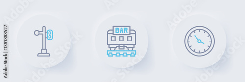 Set line Train station clock, Restaurant train and traffic light icon. Vector