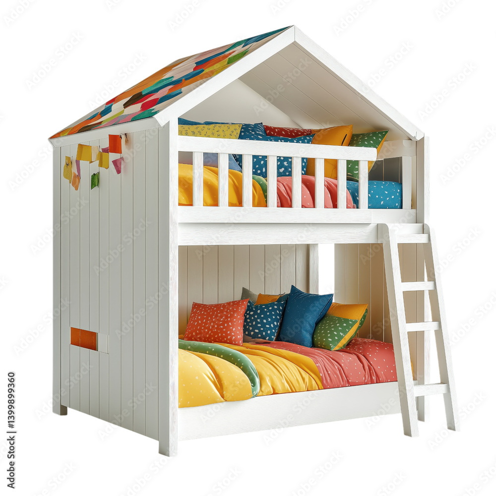 White wooden bunk bed with colorful bedding and pillows, side view with ladder, isolated on a transparent background.