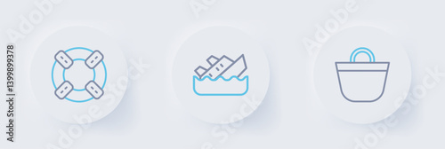Set line Beach bag, Sinking cruise ship and Lifebuoy icon. Vector