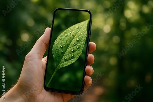 Technology Meets Nature: Hand Holding Phone with Leaf Image, generative ai
