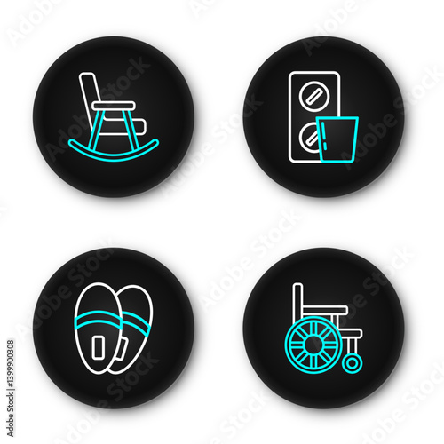 Set line Wheelchair, Slippers, Pills in blister pack and Rocking icon. Vector