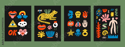 Modern abstract interior posters set 3x4. Colorful doodle stickers and shapes. Hand-drawn vector illustration. Trendy wall art with cute elements.