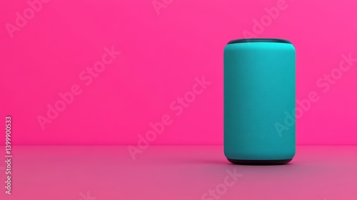 Teal cylindrical speaker, pink background.