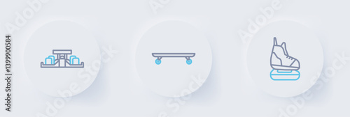 Set line Skates, Longboard or skateboard and Formula 1 racing car icon. Vector