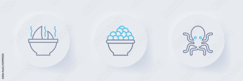 Set line Octopus, Caviar and Shark fin soup icon. Vector