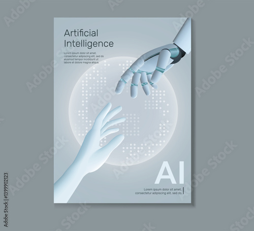 Poster brochure cover banner presentation layout template human hand and android robot hand, Technology digital futuristic, Cyber future tech illustration.