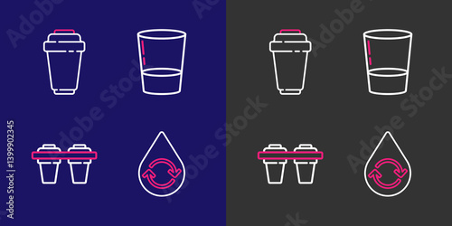 Set line Recycle clean aqua, Water filter, Glass with water and cartridge icon. Vector