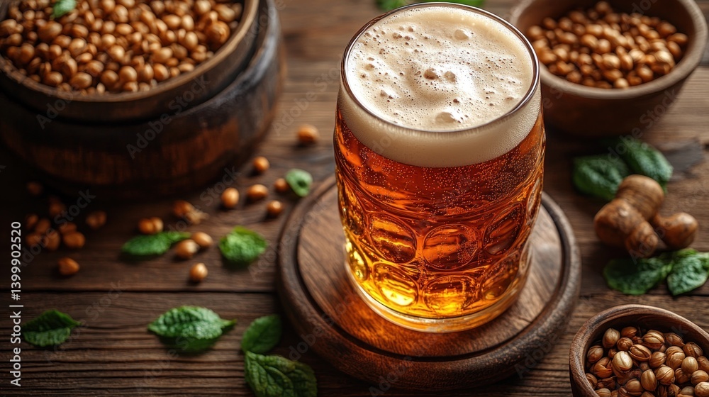 Refreshing Beer and Snacks on a Rustic Wooden Table Refreshing Beer and Snacks on a Rustic Wooden Table