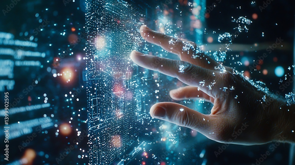 Futuristic Hand Gesture Interacting with Digital Data and Virtual Interface in a High-Tech Environment