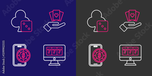 Set line Online slot machine with jackpot, poker table game, Hand holding playing cards and Game dice icon. Vector