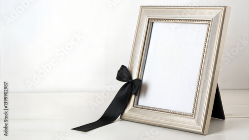 Framed memorial photo with black ribbon, mourning portrait setup for tribute tables, funeral visuals, commemoration brochures and grief ceremony decoration

